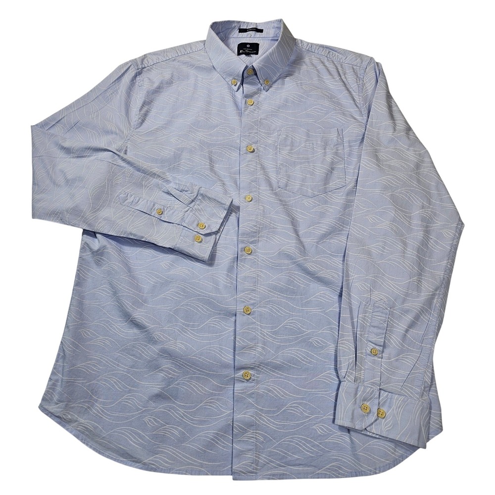 Ben Sherman Mens XL Blue White Wave Print Stretch Button Down Shirt Long Sleeve